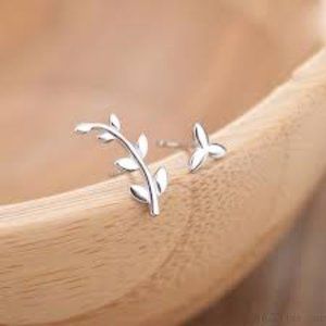 Minimalist Micro Silver Leaves Extend Olive Branch Asymmetry Studs
